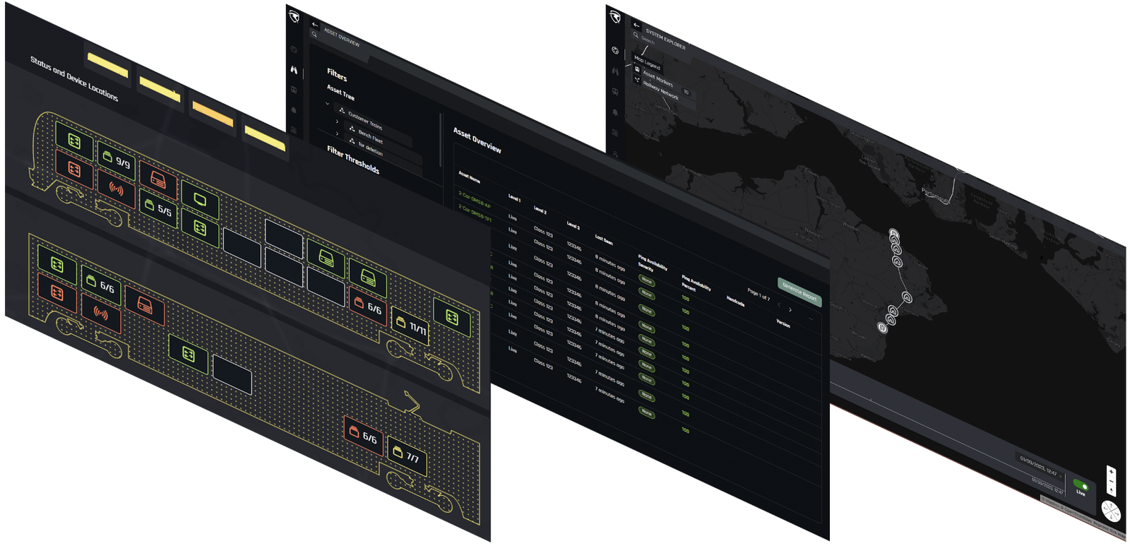 Dashboard screens: per-vehicle device status diagram, fleet asset overview table, and geographic fleet map