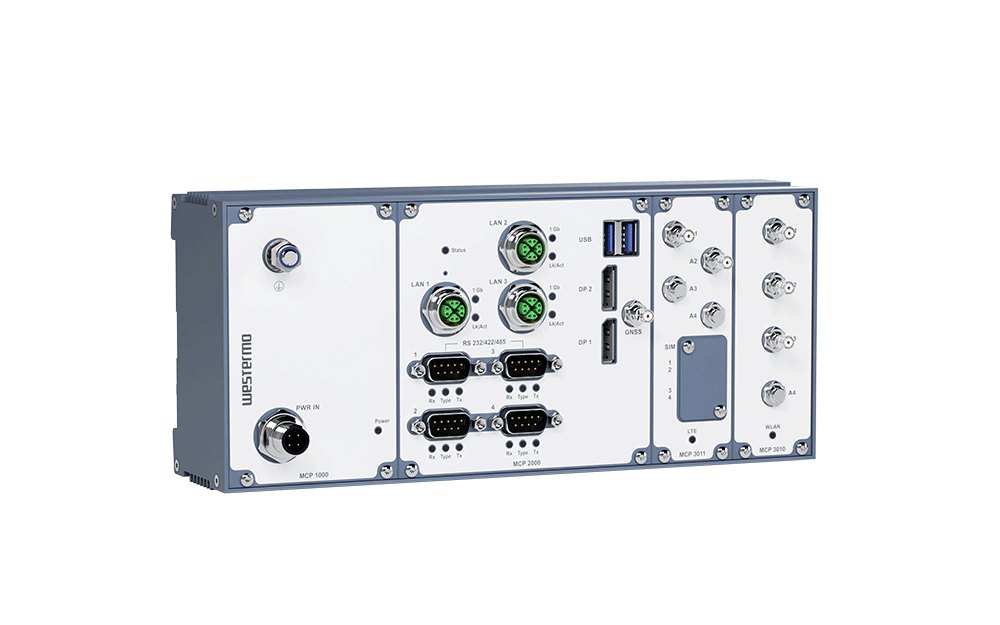 Rugged modular Westermo on-board computer with M12 Ethernet, serial, USB, LTE and WLAN interfaces